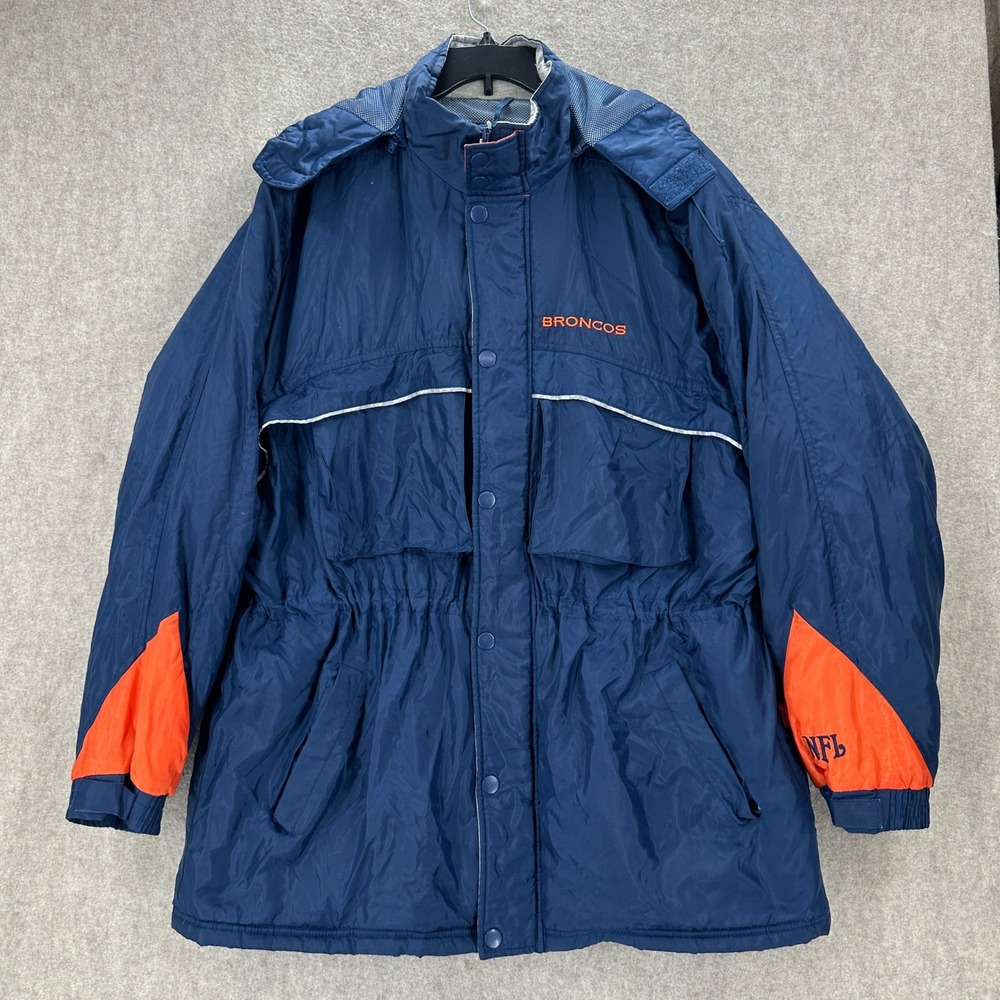 VTG Denver Broncos NFL Parka Puffer Jacket Navy Blue Orange Hooded Mens XL